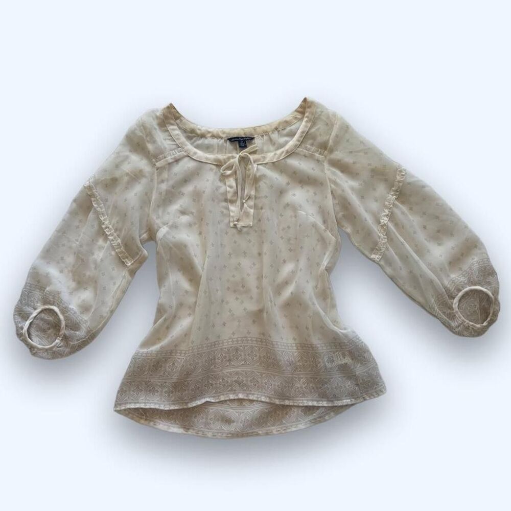 American Eagle Women's Sheer Cream Tie-Front Puff Sleeve Blouse